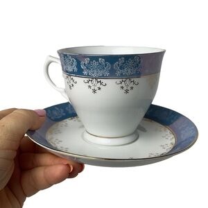 TEA Cup & Saucer White Blue Lustreware and Gold Trim
